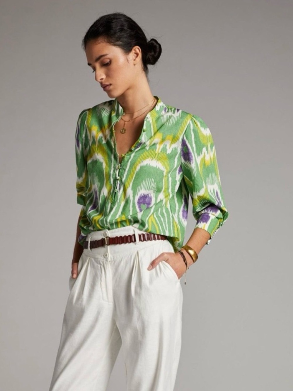 Anthropologie Green Ikat-Print Split V Blouse with Purple & Yellow Accents
